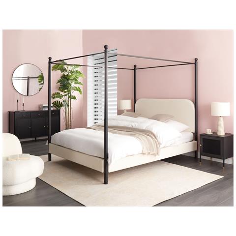 Letto A Baldacchino Bouclé Dannemois 160 X 200 Cm Bianco Sporco - Foto 1