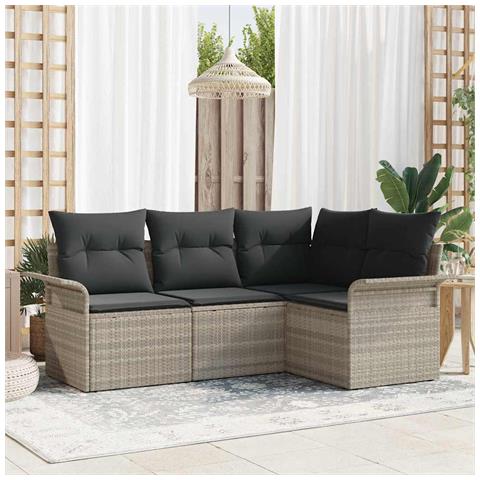 Set di Divani da Giardino in 4 Pezzi con Cuscini Grigio Chiaro Polirattan - Foto 2