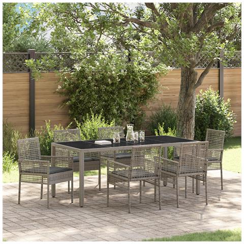 Set da Pranzo per Giardino da 7 Pezzi con Cuscini Grigio Polyrattan - Foto 2