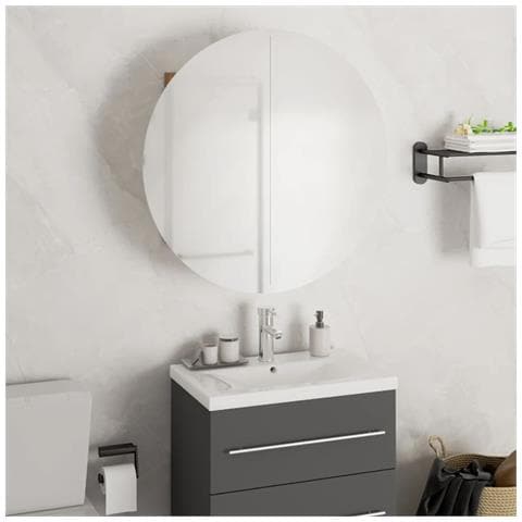 Armadio da Bagno con Specchio Rotondo e LED Rovere 47x47x17,5cm - Foto 2