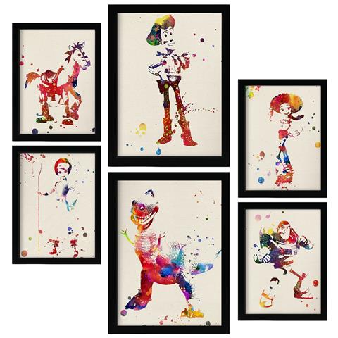 Set Di 6 Stampe Illustrazioni Ad Acquerello Di Toy Story Tratte Da Fiabe Classiche Per Bambini, Film E Libri Di Design D'interni A3 & A4 Cornice Nera - Foto 1