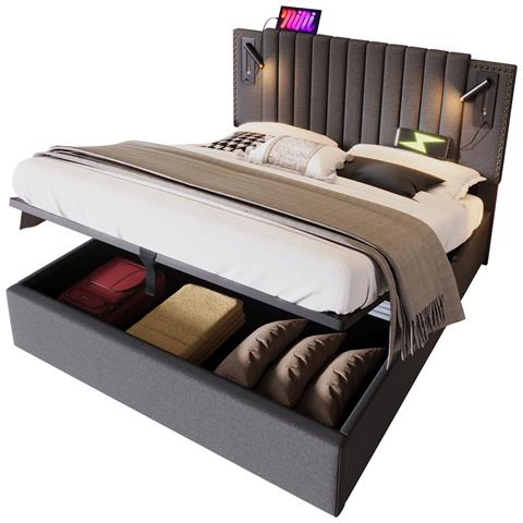 Letto Imbottito Con Design Vintage, Borchie E Tessuto Grigio - Foto 1