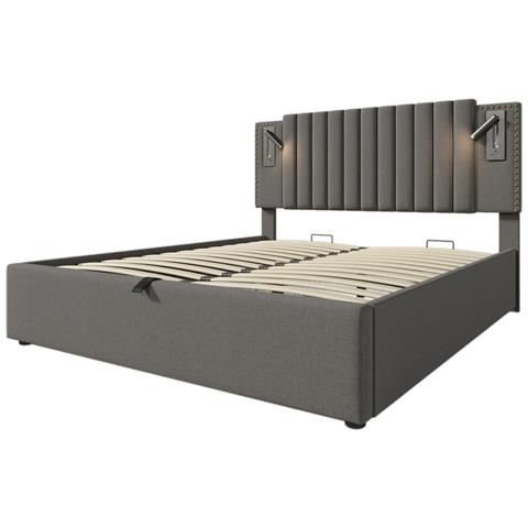 Letto Imbottito Con Design Vintage, Borchie E Tessuto Grigio - Foto 3