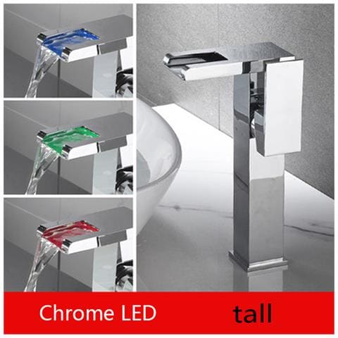 Rubinetto per lavabo da bagno, Blackswan, tipo M189, modello alto cromato con bocca a cascata e LED, misura 24 cm - Foto 2