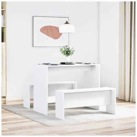 Set Tavolo Da Pranzo Con Panche 3 Pz Bianco In Truciolato - Foto 3