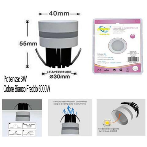 Mini Faretto Led 3w Soffitto Tondo Incasso Molla 4cm Led Bianco Freddo 6000k - Foto 2