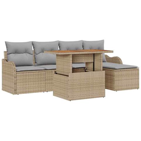 Set Divano Giardino 6 Pezzi con Cuscini Beige Polietilene Acacia, Divano Giardino 2 Posti con Cuscini Beige Polietilene - Foto 1