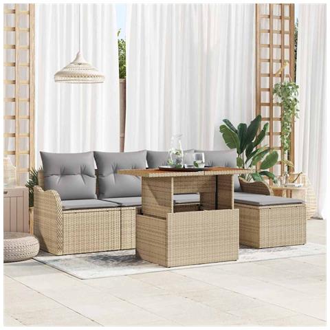 Set Divano Giardino 6 Pezzi con Cuscini Beige Polietilene Acacia, Divano Giardino 2 Posti con Cuscini Beige Polietilene - Foto 2