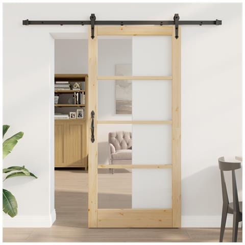 Set Porta Scorrevole con Hardware 93x202 cm Legno Massello di Pino, Porta Interna con Vetro 'ORKDAL'93x202x4 cm Legno Massello di Pino - Foto 2