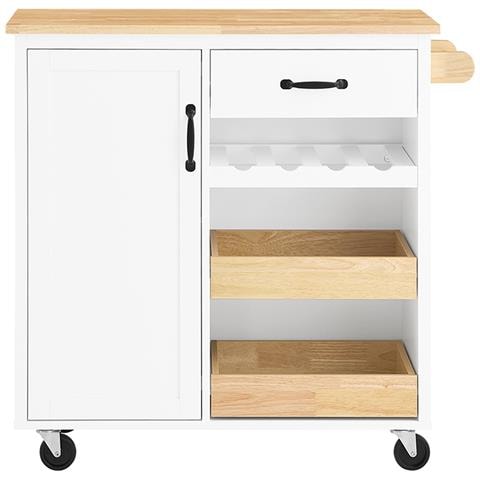 Carrello Da Cucina Con Ruote, Isola Con Piano In Legno E Cassetti Bianchi - Foto 1