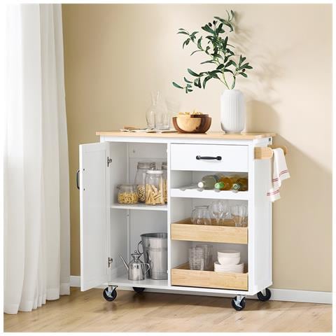 Carrello Da Cucina Con Ruote, Isola Con Piano In Legno E Cassetti Bianchi - Foto 2