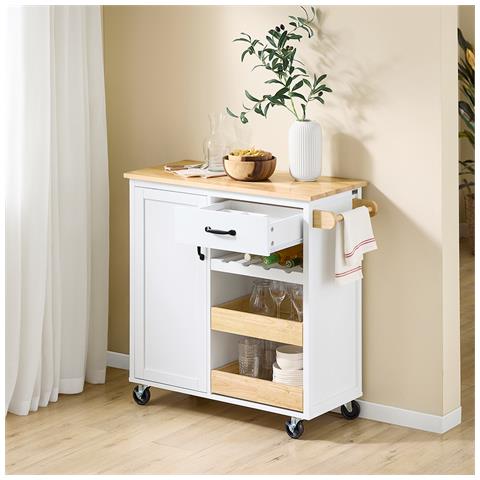 Carrello Da Cucina Con Ruote, Isola Con Piano In Legno E Cassetti Bianchi - Foto 7