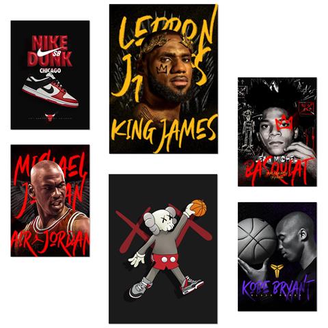 Set Di 6 Stampe Grafiti Pop King James Jordan Nike Basquiat Kobie Con Illustrazioni Di Design Per Le Pareti Del Tuo Negozio Di Stanze Di Casa A3 & A4 Senza Cornice - Foto 1