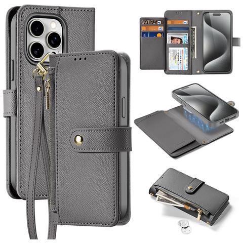Cover Cartera per iPhone 15 Pro Max - Pelle /PU, Grigio - Foto 1
