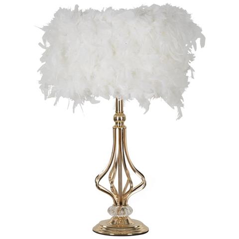 Lampada Da Tavolo Tarty Bianca In Metallo Oro Con Paralume In Piume Bianche - Foto 1