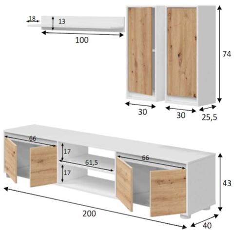 Parete Attrezzata Wells, Set Da Soggiorno, Mobile Salotto Multiuso, Composizione Per Salotto Moderno, 200x40h114 Cm, Bianco E Rovere - Foto 4