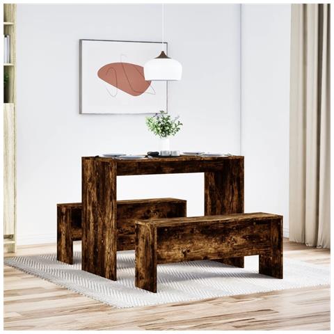 Set Tavolo Da Pranzo E Panche 3 Pz Rovere Fumo In Truciolato - Foto 3