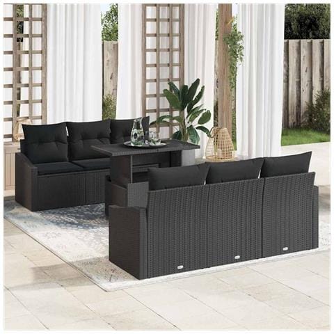 Set divano da giardino 7 pezzi con cuscini neri in polirattan - Foto 2