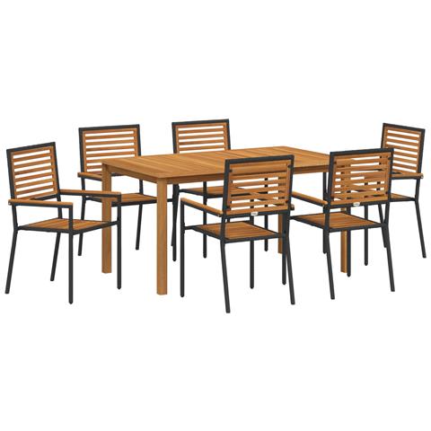 Set da Pranzo da Giardino 7 Pezzi in Polyrattan Nero Acacia, Sedie da Giardino Impilabili con Cuscini 2 pz in Polyrattan Nero - Foto 1