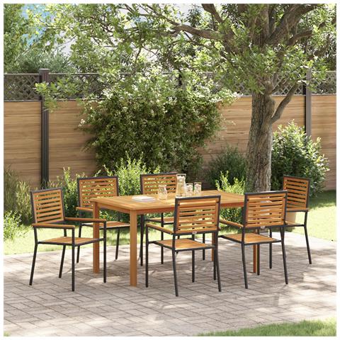 Set da Pranzo da Giardino 7 Pezzi in Polyrattan Nero Acacia, Sedie da Giardino Impilabili con Cuscini 2 pz in Polyrattan Nero - Foto 2
