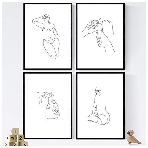 Set Di 4 Stampe Lamini Di Disegni E Schizzi A Una Linea Volti E Donna Nuda Poster Nordico Dei Volti Nudi Corpi Al Naturale Tavolo Senza Cornice A3 - Foto 1