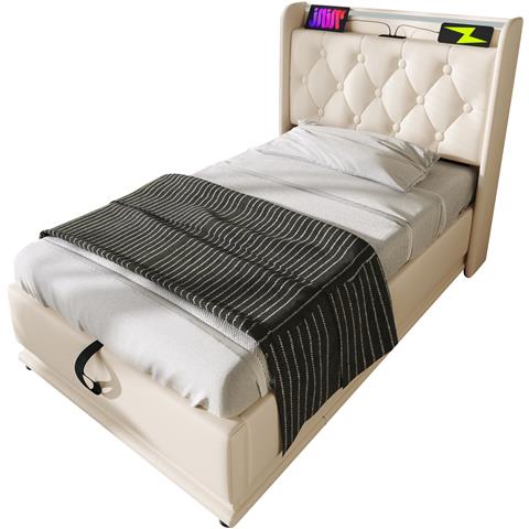 Letto Singolo Bianco Con Led A 360°, Testiera Imbottita E Usb - Foto 1