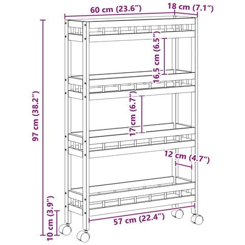 Carrello da Cucina con Ruote Naturale 60 x 18 x 97 cm Bambù - Foto 9