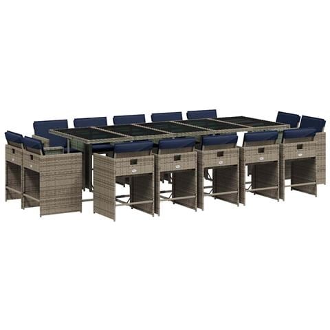 Set da pranzo da giardino da 15 pz con Cuscini in Polyrattan Grigio - Foto 1