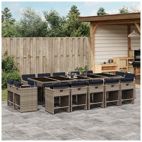 Set da pranzo da giardino da 15 pz con Cuscini in Polyrattan Grigio - Foto 2