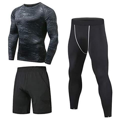 3 Confezione Abbigliamento Palestra Per Gli Uomini Correre Abbigliamento Sportivo Set Strati Di Base Tops Zip Pocket Coulisse Non Attillati Shorts Compressione Leggings Per Workout (s)  - Foto 1