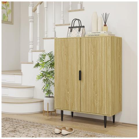 Scarpiera Salvaspazio Per 15 Paia Di Scarpe Con 4 Ripiani Regolabili, 80x38x110cm, Rovere - Foto 2