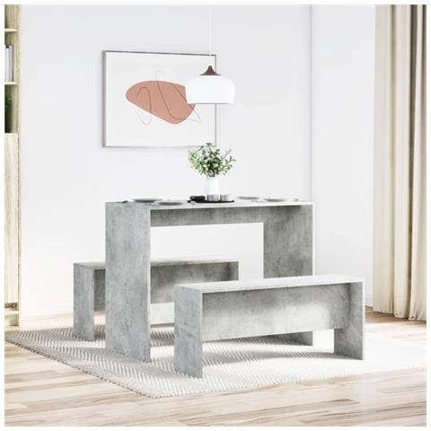 Set Tavolo Da Pranzo E Panche 3 Pz Grigio Cemento In Truciolato - Foto 3