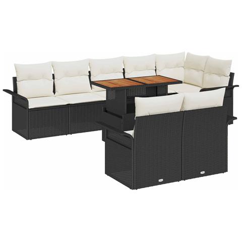 Set da pranzo da giardino 9 pezzi con cuscini neri in polyrattan e acacia - Foto 1