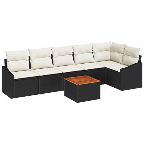 Set Divano da Giardino 7 Pezzi con Cuscini Neri in Polirattan e Acacia - Foto 1