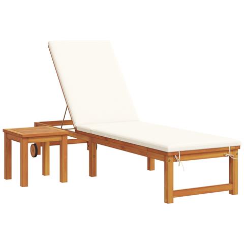 Lettino prendisole con tavolo e cuscino in legno massello di acacia,  Lettino prendisole con cuscini panna in legno massello di acacia,  Tavolino da giardino 35x35x34 cm in legno massello di acacia - Foto 1
