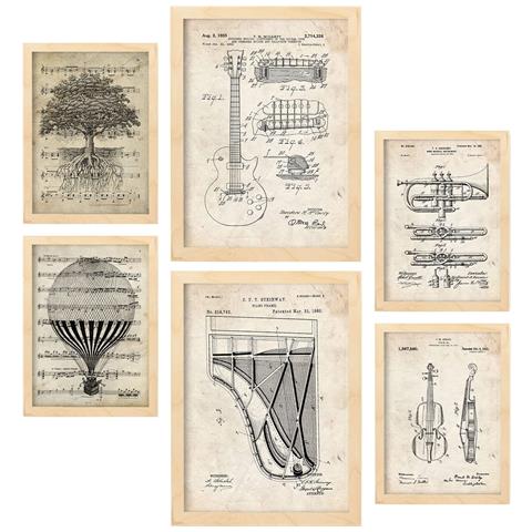 Set Di 6 Stampe Collezione Musicale Di Dischi Con Collage Estetico Per La Decorazione D'interni A3 & A4 Telaio In Legno Chiaro - Foto 1