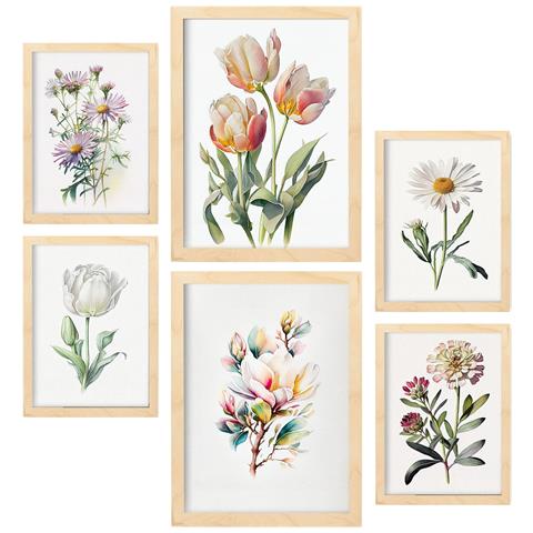 Set Di 6 Stampe Fiori Pastello Stampe Naturalistiche E Botaniche A Colori Con Motivi Floreali Su Sfondi Bianchi Puri A3 & A4 Telaio In Legno Chiaro - Foto 1