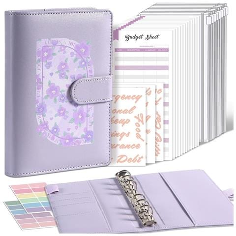 Raccoglitore Per Budget A6 Stile Pittura A Olio: 12 Fogli Di Budget, 8 Tasche Con Cerniera, Adesivi Inclusi Purple - Foto 1