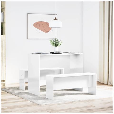 Set Tavolo Da Pranzo E Panche 3 Pz Bianco Lucido In Truciolato - Foto 3