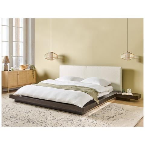 Letto Matrimoniale Legno Scuro Con Testata In Bouclé E Led 180 X 200 Cm Zen - Foto 1