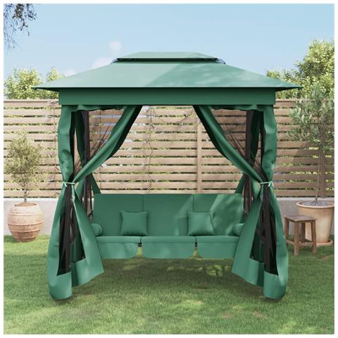 Gazebo con Panca a Dondolo Convertibile Verde Tessuto e Acciaio - Foto 2