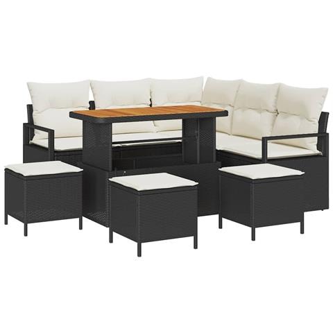 Set Divano da Giardino  9 Pezzi con Cuscini Nero Polyrattan Acacia, Divano da Giardino  2 Posti con Spazio di Stoccaggio & Cuscini Nero Polyrattan, Set da Pranzo Giardino 4 Pezzi con Cuscini Nero Polyrattan Acacia - Foto 1