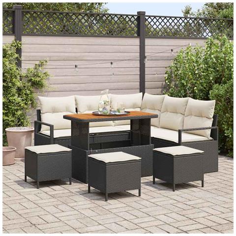 Set Divano da Giardino  9 Pezzi con Cuscini Nero Polyrattan Acacia, Divano da Giardino  2 Posti con Spazio di Stoccaggio & Cuscini Nero Polyrattan, Set da Pranzo Giardino 4 Pezzi con Cuscini Nero Polyrattan Acacia - Foto 2