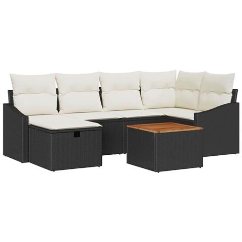 Set divano da giardino 7 pezzi con cuscini neri in polyrattan - Foto 1