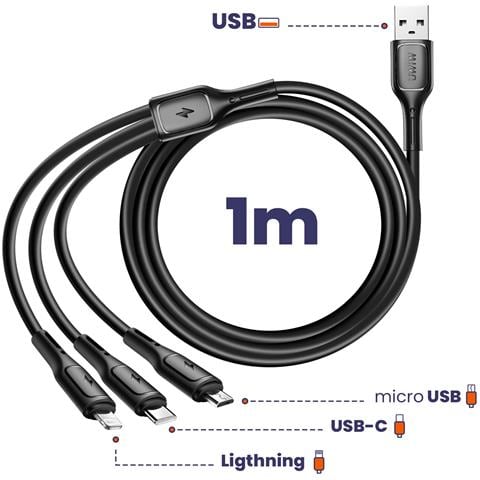 Cavo 3-in-1 Usb-c, Micro Usb, Lightning 1m Con Presa Usb, Nero - Foto 5