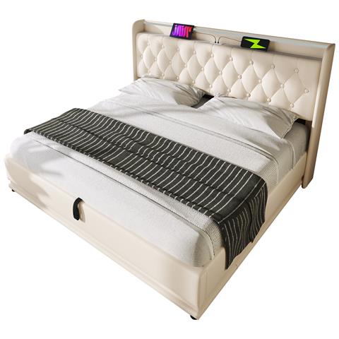 Letto Matrimoniale Bianco Con Led, Testiera Imbottita E Usb - Foto 1