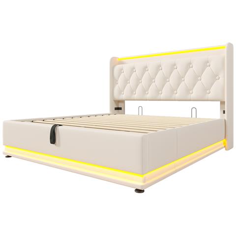 Letto Matrimoniale Bianco Con Led, Testiera Imbottita E Usb - Foto 3