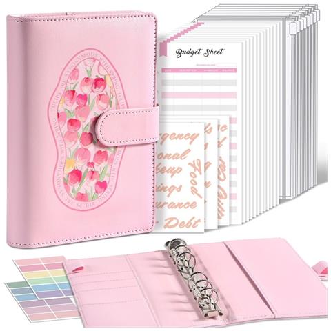 Raccoglitore Per Budget A6 Stile Pittura A Olio: 12 Fogli Di Budget, 8 Tasche Con Cerniera, Adesivi Inclusi Pink - Foto 1