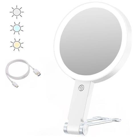 Specchio Per Trucco Con Luce Led E Supporto A Orsetto - Ingrandimento 30x, Portatile E Ricaricabile White - Foto 1