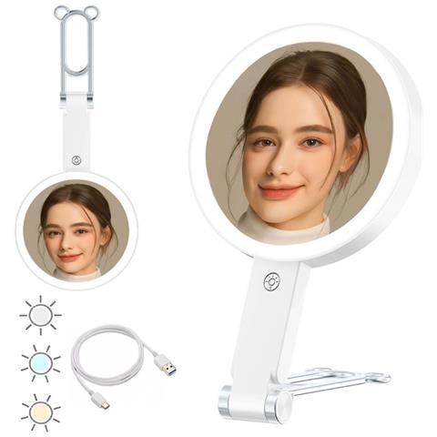 Specchio Per Trucco Con Luce Led E Supporto A Orsetto - Ingrandimento 30x, Portatile E Ricaricabile White - Foto 2